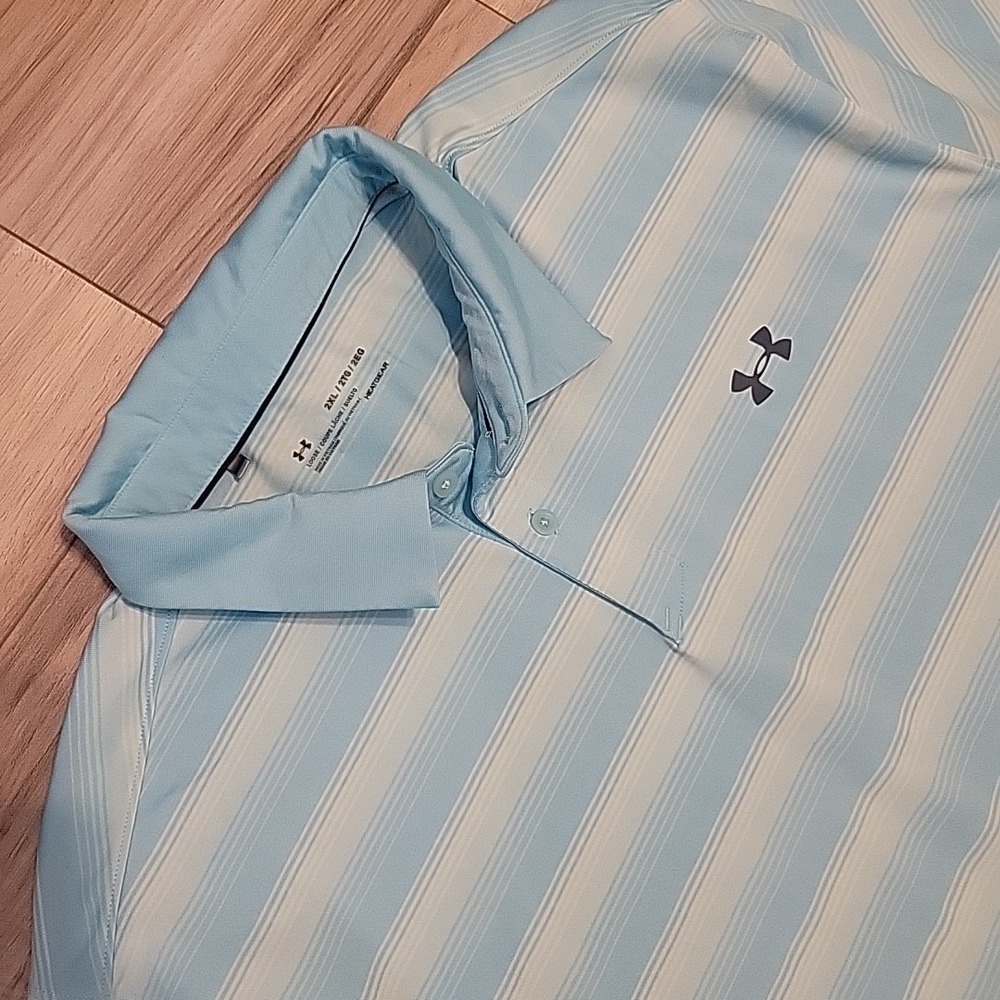 Under Armour HeatGear Polo Shirt Men XXL Light Blue Striped Short Sleeve Stretch